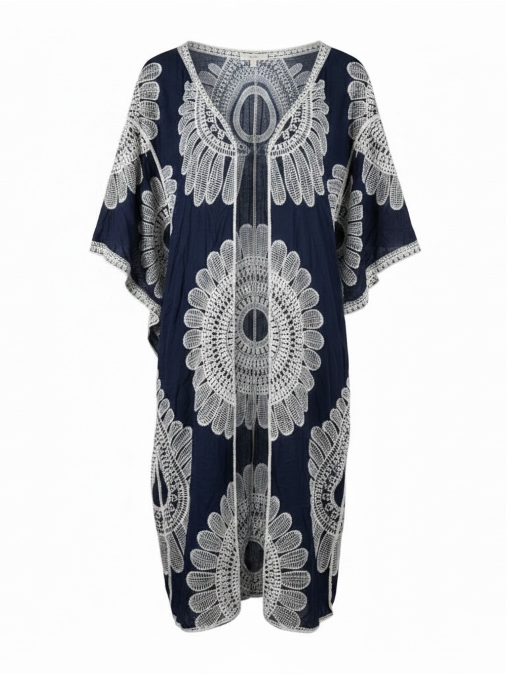 Navy V-Neck with White Crochet Medallion Detail Duster